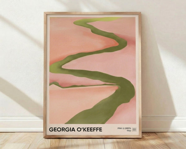Abstract landscape poster featuring soft pink and sage green organic forms with cream accents, inspired by modernist painting tradition.