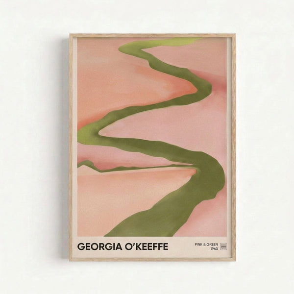 Serene minimalist art print showcasing flowing coral and muted green shapes that evoke natural landscapes in a contemplative composition.