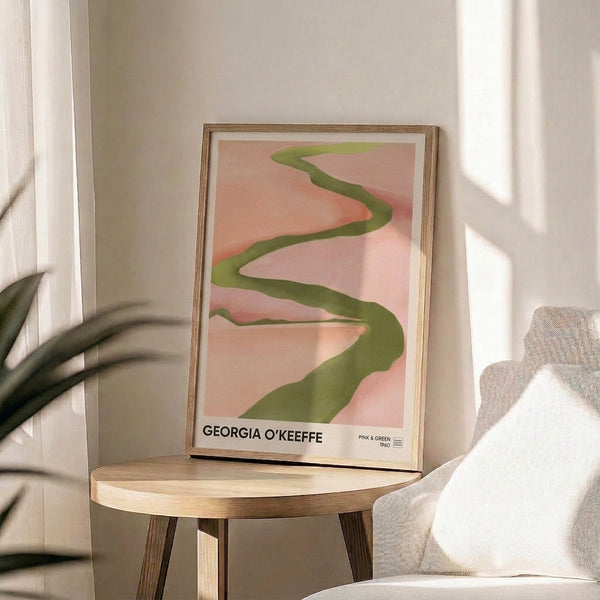 Serene contemporary print in soft pink, green, and coral tones with flowing abstract shapes evoking natural forms and landscapes.