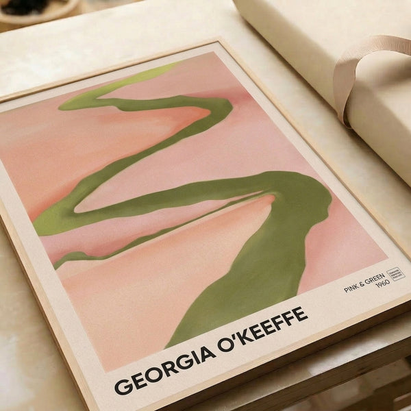 Framed modernist poster in muted coral, pink, and green, showcasing flowing abstract landscape-inspired composition with contemplative mood.
