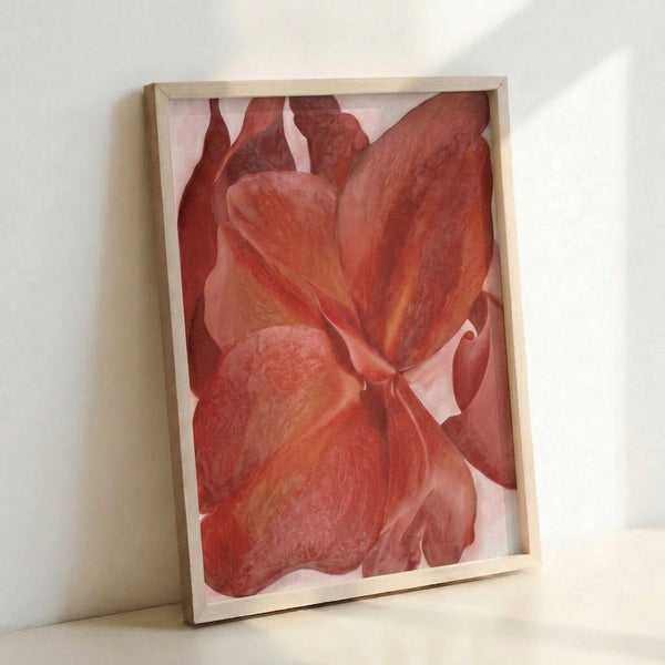 Rich burgundy and coral flower study featuring overlapping canna petals in an expressive, intimate aesthetic on a vintage-style wall print.