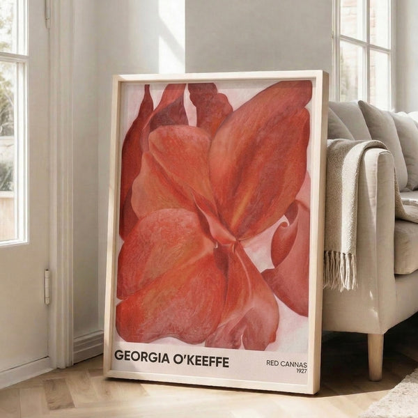 Cream and burgundy backdrop with layered crimson canna petals rendered in a close, contemplative botanical study.