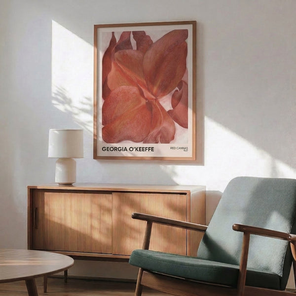 Intimate exploration of coral and deep red canna flowers with pale pink accents, capturing the flower's sensual form on vintage canvas.