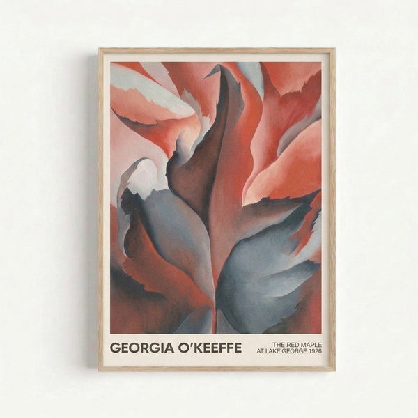 Bold abstract art print showing an intricate maple leaf in rich red and burgundy hues with pale pink accents, creating an intimate and meditative composition inspired by modernist botanical forms.