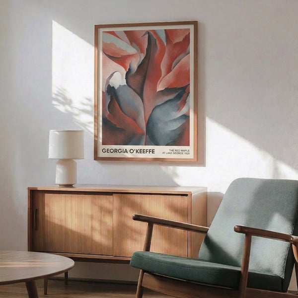 Framed abstract poster featuring an intimate study of a red maple leaf in deep crimson and burgundy with soft cream and blue accents, channeling a bold yet meditative mood.