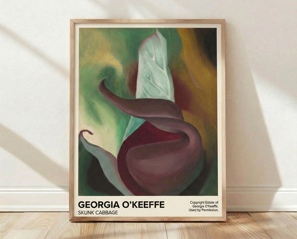 Abstract botanical art print inspired by Georgia O'Keeffe, featuring a sensual close-up of skunk cabbage in deep burgundy, sage green, and cream tones on a framed poster.
