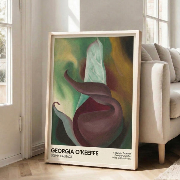 Framed contemporary botanical art featuring an intimate close-up of flowers in earthy palette of deep burgundy, ochre, sage green, and dark brown tones.