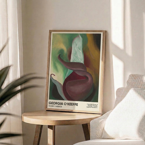 Minimalist plant study poster with abstract sensual forms in muted colors: cream, sage green, burgundy, and brown; meditative botanical artwork.