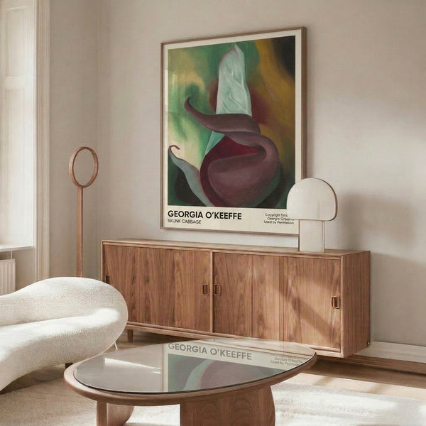 Modern botanical art print exploring sensual plant forms through close-up abstraction; palette of muted sage green, burgundy, cream, and dark brown.
