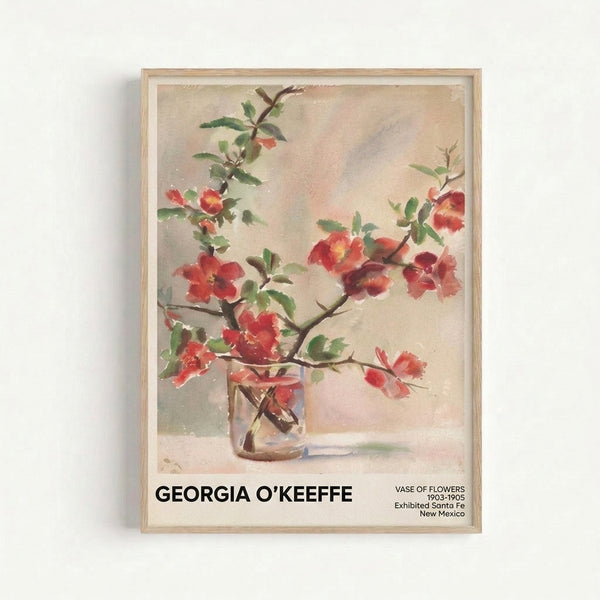 Vintage botanical art print showing delicate red and gold flowers with branches in a cream vessel, displayed as framed wall décor in muted watercolor style.