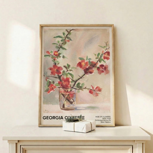 Delicate botanical watercolor poster in vintage style, featuring a graceful arrangement of red flowers and leafy branches in warm cream and gold tones.
