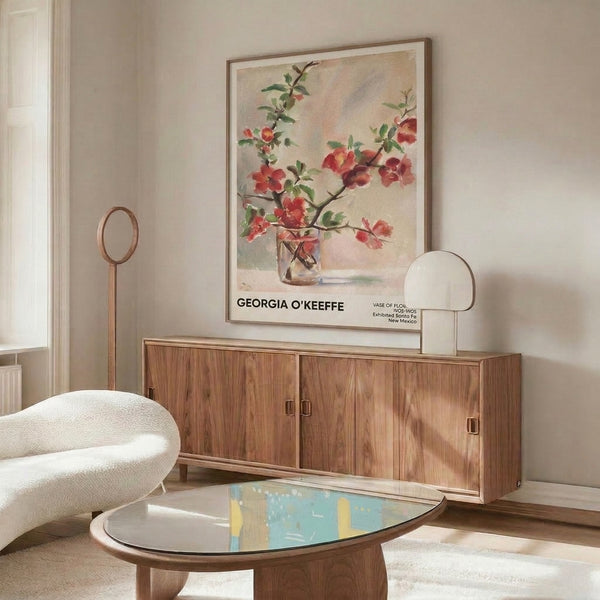 Vintage-style botanical watercolor print with serene red and gold flowers arranged in a cream vessel, perfect as elegant wall décor with impressionist charm.