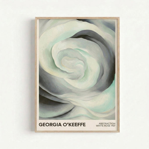 Sensual close-up flower petals in whites and sage greens, contemplative modernist poster art in minimalist style.
