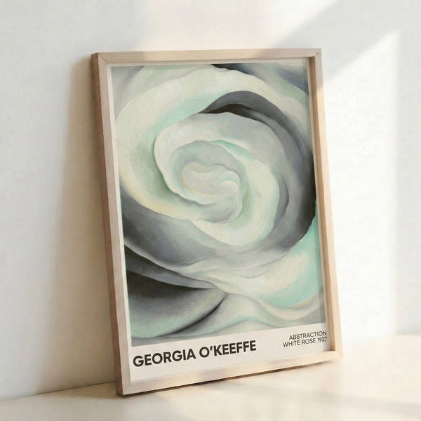 Intimate botanical abstraction featuring layered rose petals in cream, gray, and soft green hues, serene wall art print.