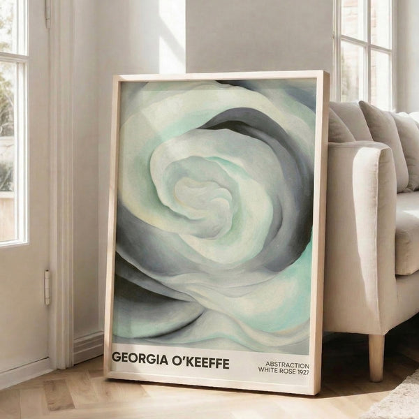 Georgia O'Keeffe inspired floral composition with delicate white and pale green petals, minimalist framed wall art.