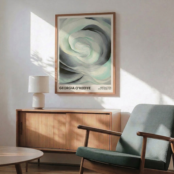 Soft charcoal, cream, and sage tones form an abstract rose study, contemplative modernist poster print on wall.