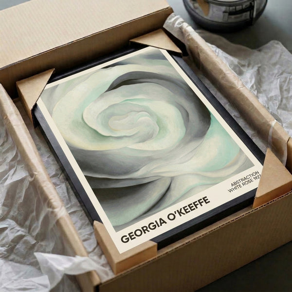 Abstract rose with intimate focus on layered petals in cream and pale green, modern contemplative wall art poster.