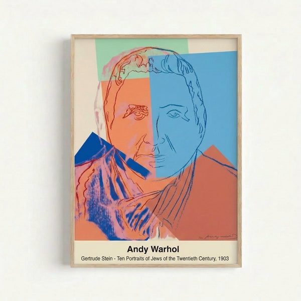 Iconic Warhol-style portrait featuring a woman's face in vibrant primary colors and high contrast, modern art print in frame.