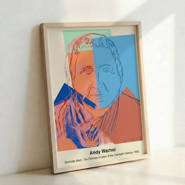 Contemporary pop art portrait with layered cyan and magenta tones on neutral ground, celebrating artistic legacy in bold graphic style.