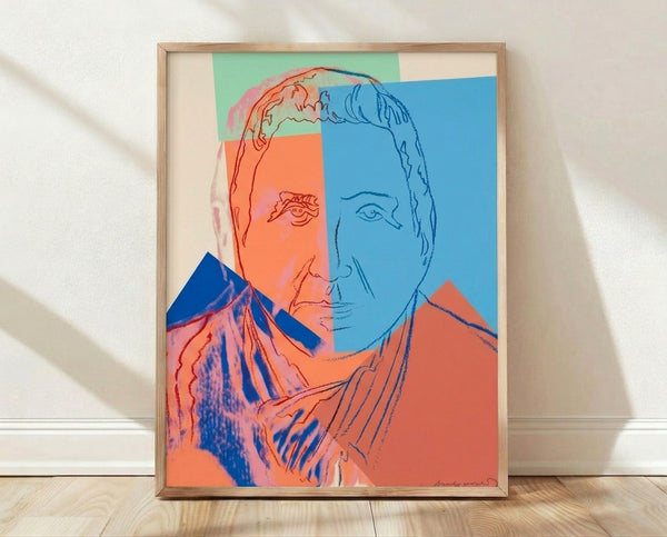 Warhol-style pop art portrait of Gertrude Stein in vibrant colors with bold graphic lines and simplified facial features, framed as a modern wall art print.