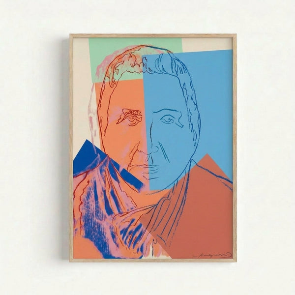 Contemporary pop art portrait featuring a stylized face in bright, contrasting hues with flattened forms characteristic of Warhol's iconic printmaking technique.