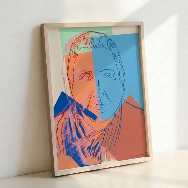 Framed pop art poster with a geometric, faceless portrait rendered in saturated colors and high-contrast blocks of solid tones.