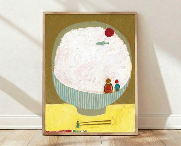 Whimsical folk art print featuring a playful ramen bowl scene with golden ochre, turquoise, and red tones on cream background, framed on wall.