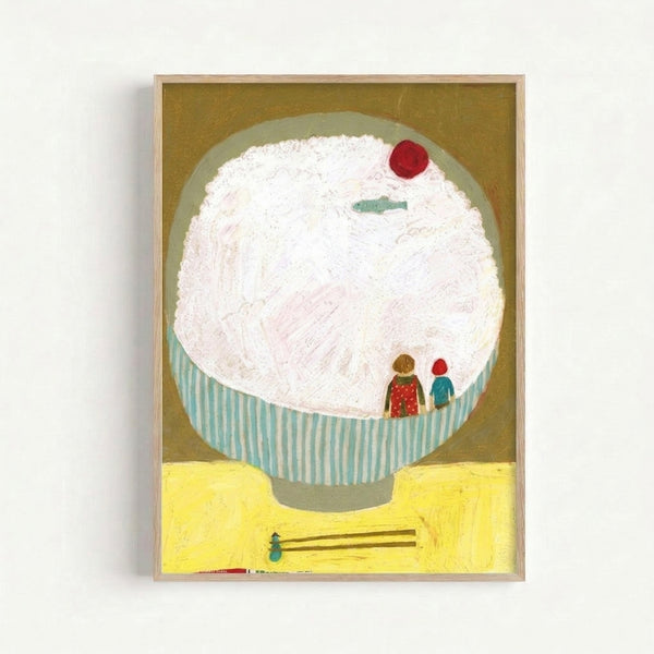 Charming illustrated poster with folk art style showing imaginative ramen bowl composition in warm yellows and cool turquoise hues, displayed as framed wall art.