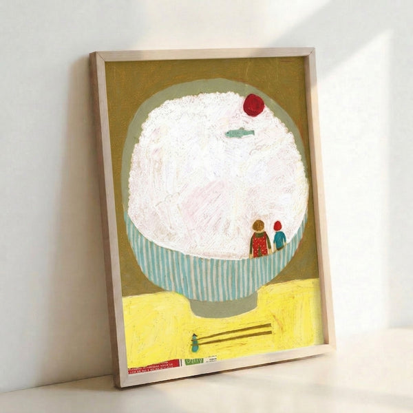 Folk art style print with whimsical ramen bowl scene, koi fish, and cherry details in golden ochre and turquoise palette, framed and hung on wall.