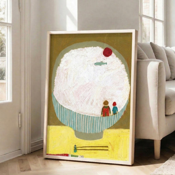 Playful folk art poster featuring a dreamy ramen bowl with cherry and fish motifs in vibrant reds, yellows, and turquoise on cream, displayed framed.