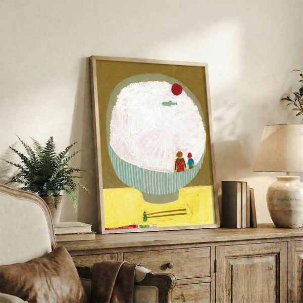 Imaginative folk art wall print showing a charming ramen bowl scene with golden and turquoise accents, figures, and fish in whimsical retro style.