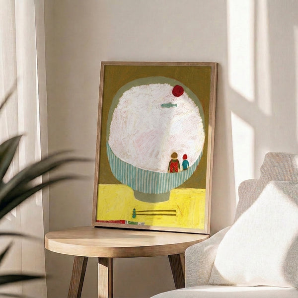 Framed folk art illustration with playful ramen bowl composition, cherry blossoms, and koi fish in warm cream, ochre, red, and turquoise tones.