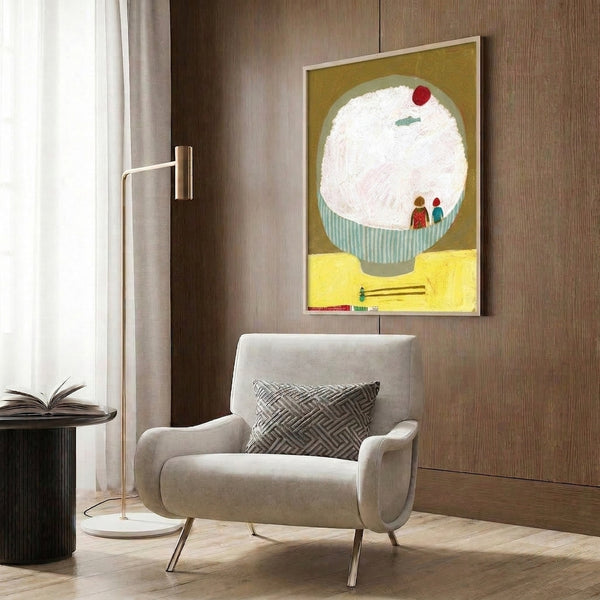 Whimsical folk art print capturing a charming ramen bowl scene with figures and fish in golden, turquoise, and red hues on cream background, wall-mounted.