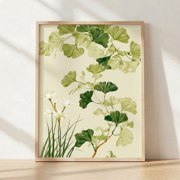 Watercolor painting of delicate ginkgo leaves and white blossoms on a soft cream background, rendered in sage and pale green tones with minimalist brushwork.