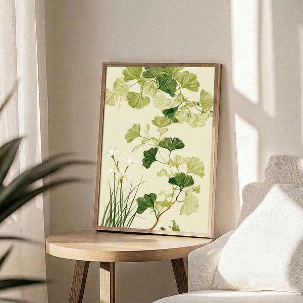 Serene botanical art print featuring ginkgo foliage and subtle white flowers in muted greens and tan, displayed as framed wall decor with calming, naturalistic style.