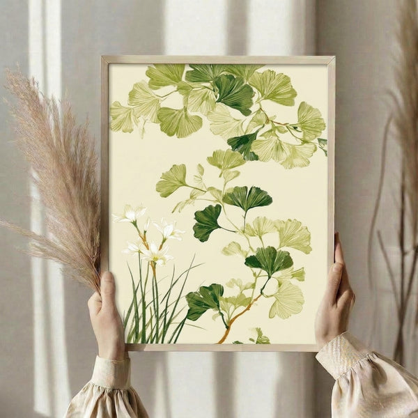 Minimalist watercolor poster of ginkgo branches with soft white blooms and layered green leaves in sage and dark green hues, creating a peaceful nature-inspired composition.