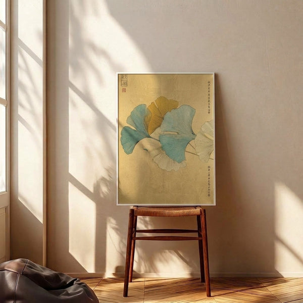 Meditative botanical artwork displaying ginkgo foliage in naturalistic style with cream and sage green hues, presented as a framed wall print.