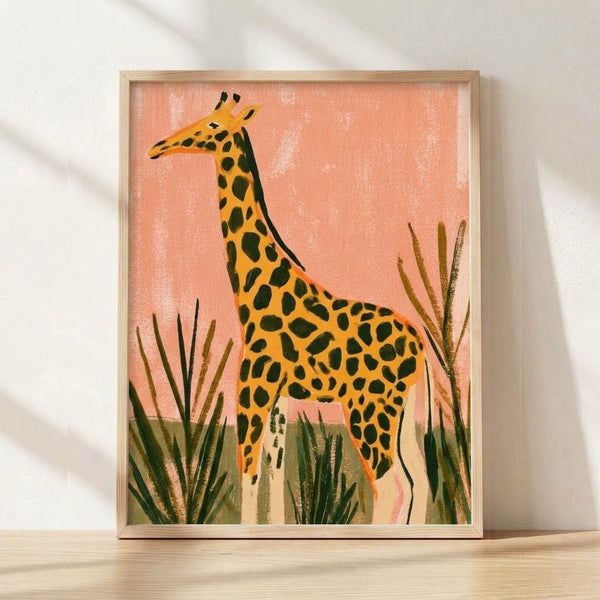 Minimalist watercolor giraffe in coral pink and golden yellow tones, surrounded by savanna grasses and plants in olive green, framed poster on wall creating a calm, whimsical atmosphere.