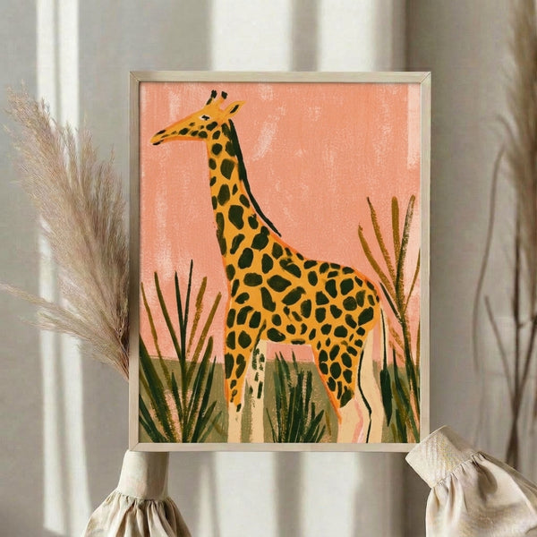 Watercolor giraffe art print featuring warm coral and cream palette with dark olive botanical elements, modern minimalist style evoking a peaceful savannah scene.