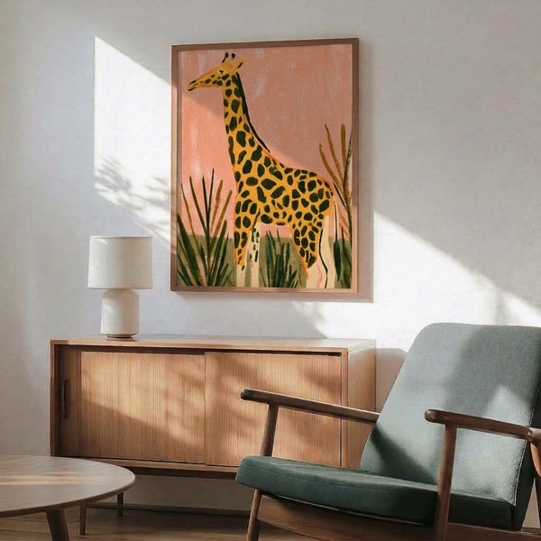 Framed watercolor painting of a giraffe among savanna vegetation in soft coral, gold, and green hues, minimalist composition with whimsical warm mood.