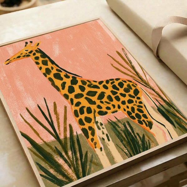 Contemporary watercolor giraffe poster in muted coral and golden tones with olive green foliage, serene minimalist design capturing the essence of the savannah.