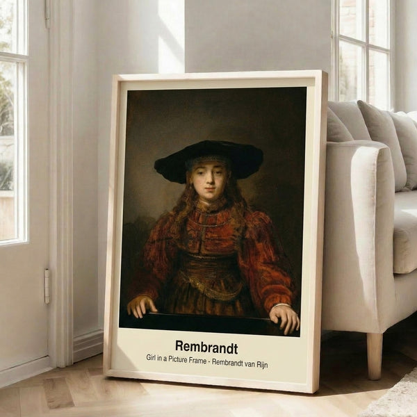 Classical portrait print of a girl with painterly impressionist technique in warm ochres and deep browns, evoking quiet reflection and old master elegance.