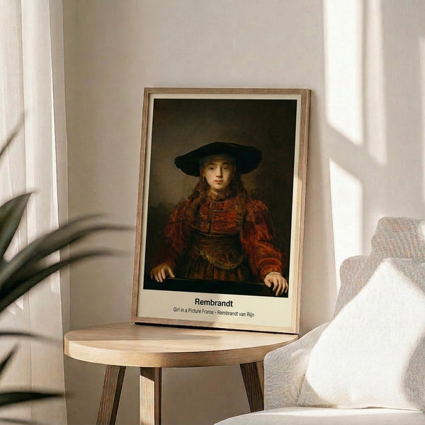 Girl's portrait in classical impressionist style housed within a painted frame, featuring warm ochre and brown palette with intimate, elegant atmosphere.