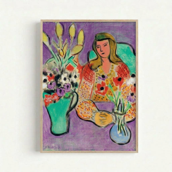 Modern art print featuring a portrait of a young woman surrounded by delicate anemones against deep purple tones.
