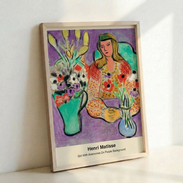 Elegant framed poster showcasing a whimsical girl figure with delicate red and purple anemones in soft, abstract modern art style.
