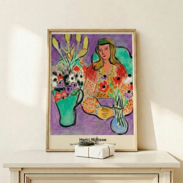 Contemporary art print with an abstract girl portrait surrounded by graceful anemone blooms in purple, red, and green tones on light background.
