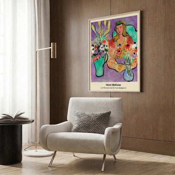 Abstract portrait poster of a girl with anemones in expressive watercolor style, featuring elegant purple, red, and green floral elements.