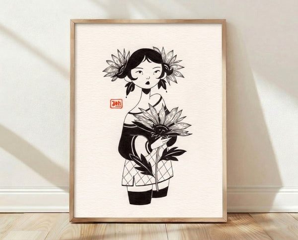 Minimalist line art framed poster featuring a contemplative girl with sunflowers in black ink on cream background, wabi sabi aesthetic.