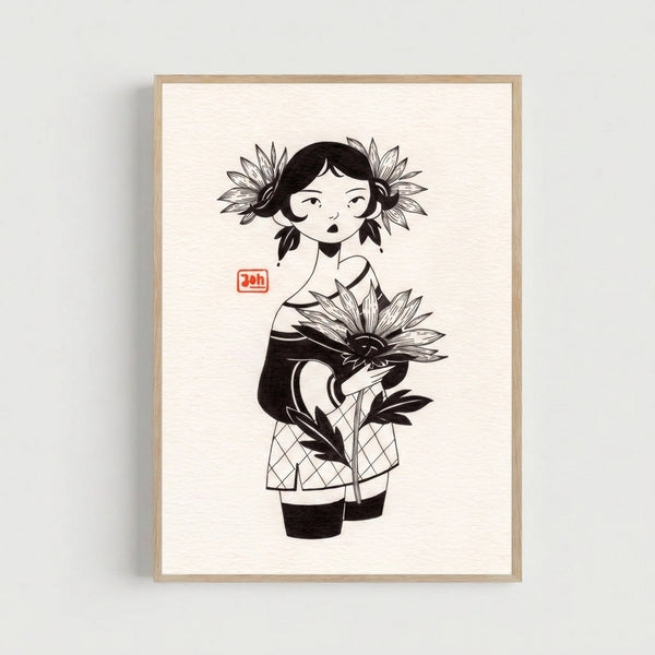 Whimsical folk art print showing a woman surrounded by delicate sunflower linework in charming black and white minimalist style.