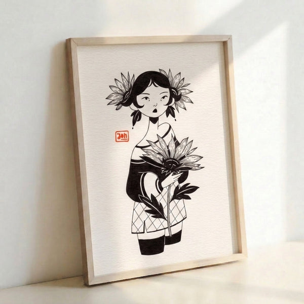 Black line drawing of a girl with sunflowers on cream paper, framed wall art with contemplative, japandi-inspired minimalist design.